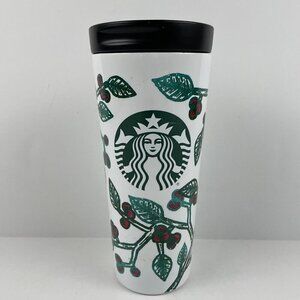 Starbucks 2016 Holiday Stainless Steel 16oz Tumbler Holly Berries Slide Opening